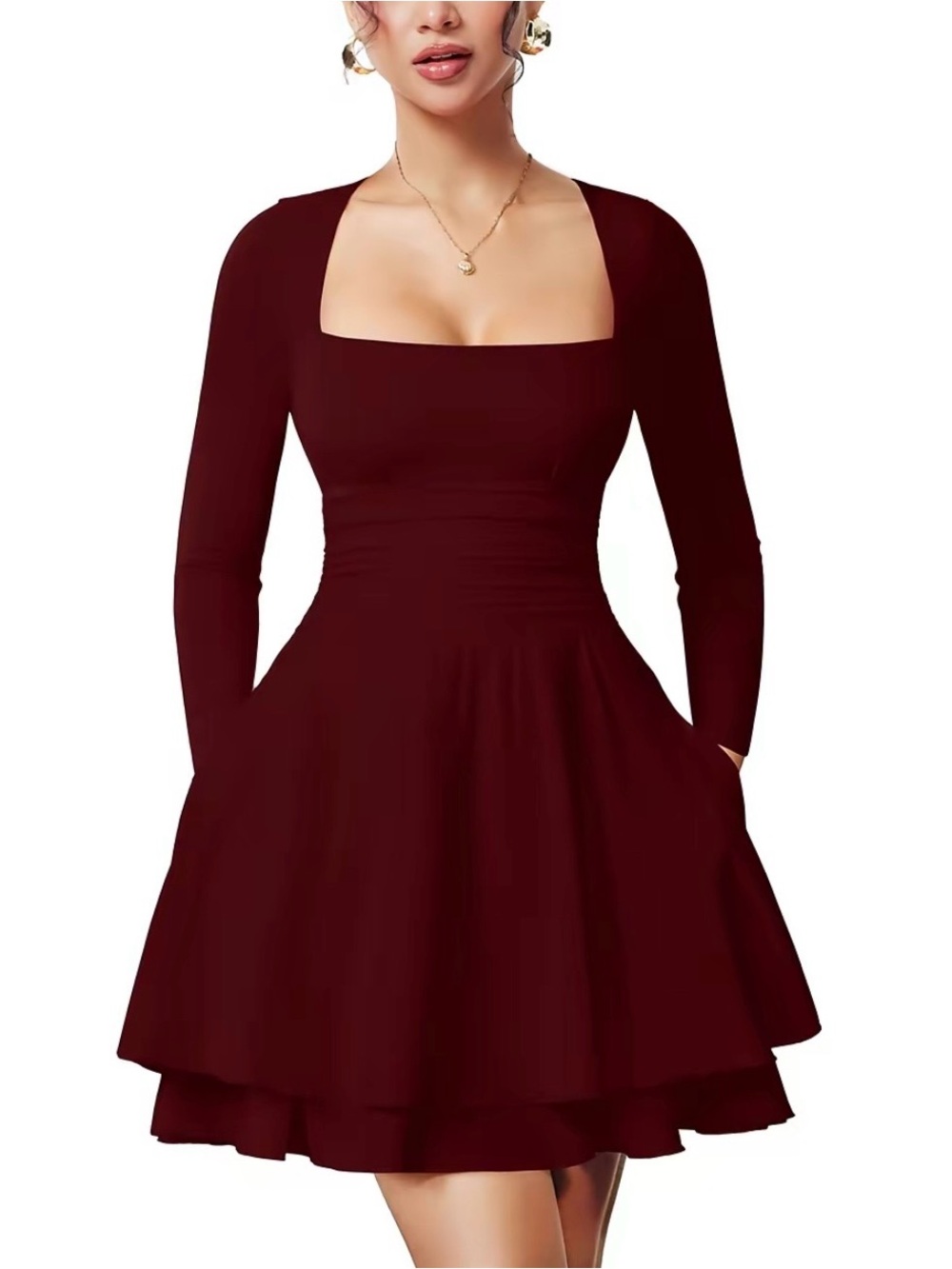 Square Neck Long Sleeve Fit & Flare Dress in Burgundy